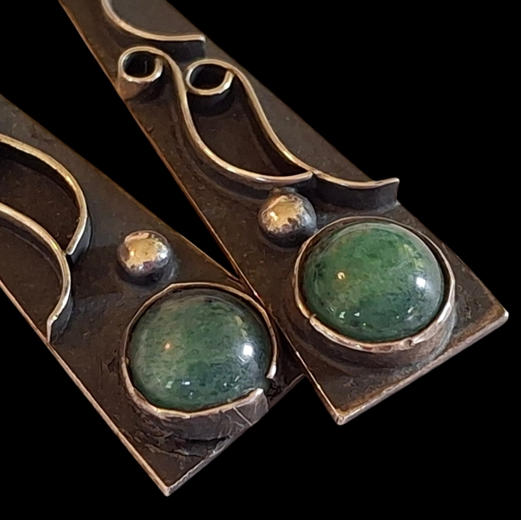 Vintage Sterling Silver 925 Chrysoprase Taxco Earrings TG-48 Weigh 11.1 grams - Picture 2 of 14